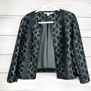 Diane Von Furstenberg DVF Women Full Zip Short Boxy Blazer Jacket Black Blue 14